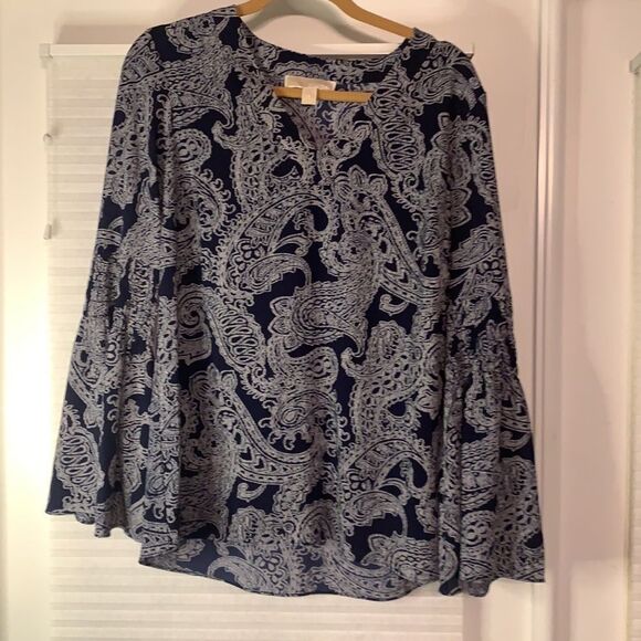 Michael Kors Navy Paisley Top Shirt Bell Sleeve Boho Medium - Picture 1 of 5